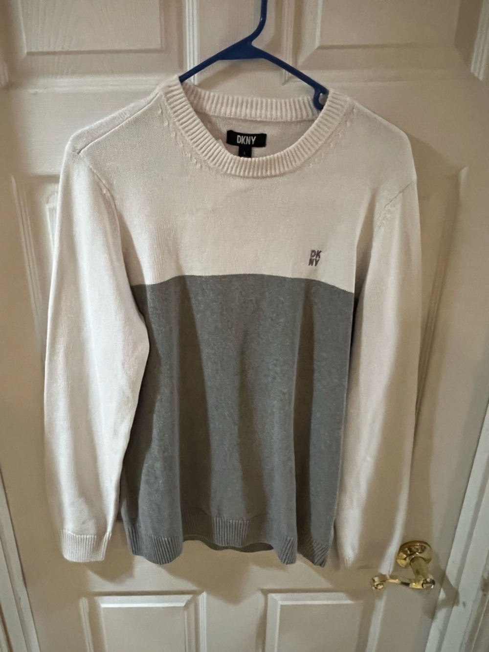 DKNY Two-Tone Crewneck Sweater in White and Gray
